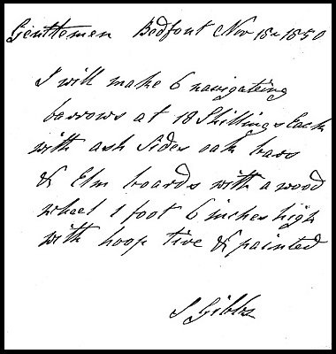 Letter from John Gibbs dated 1850, to a customer confirming an order for barrows.