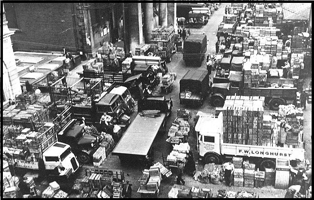Lorries at Covent Garden Market.  F.W Longhurst lorry has a Gibbs built body.
